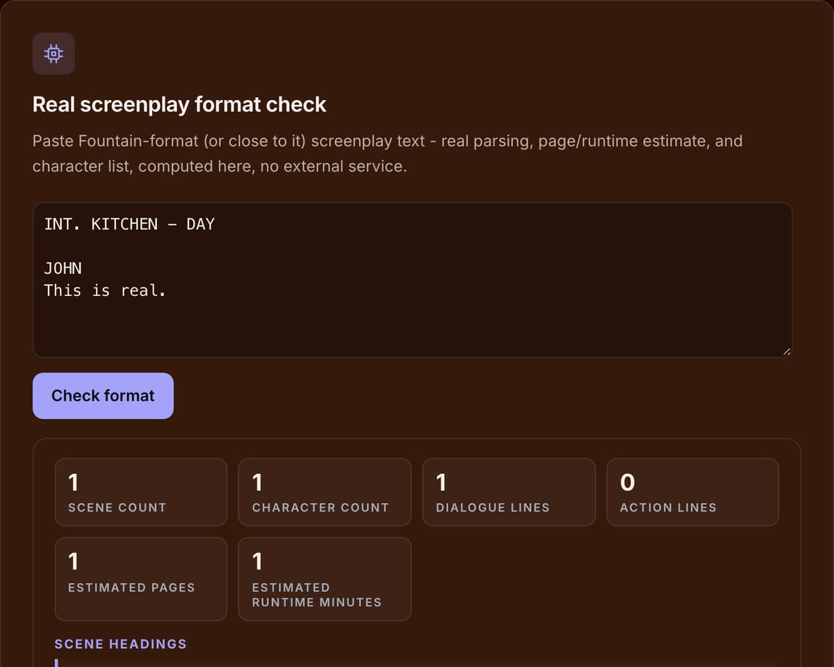Real screenplay format check on book2film.cc